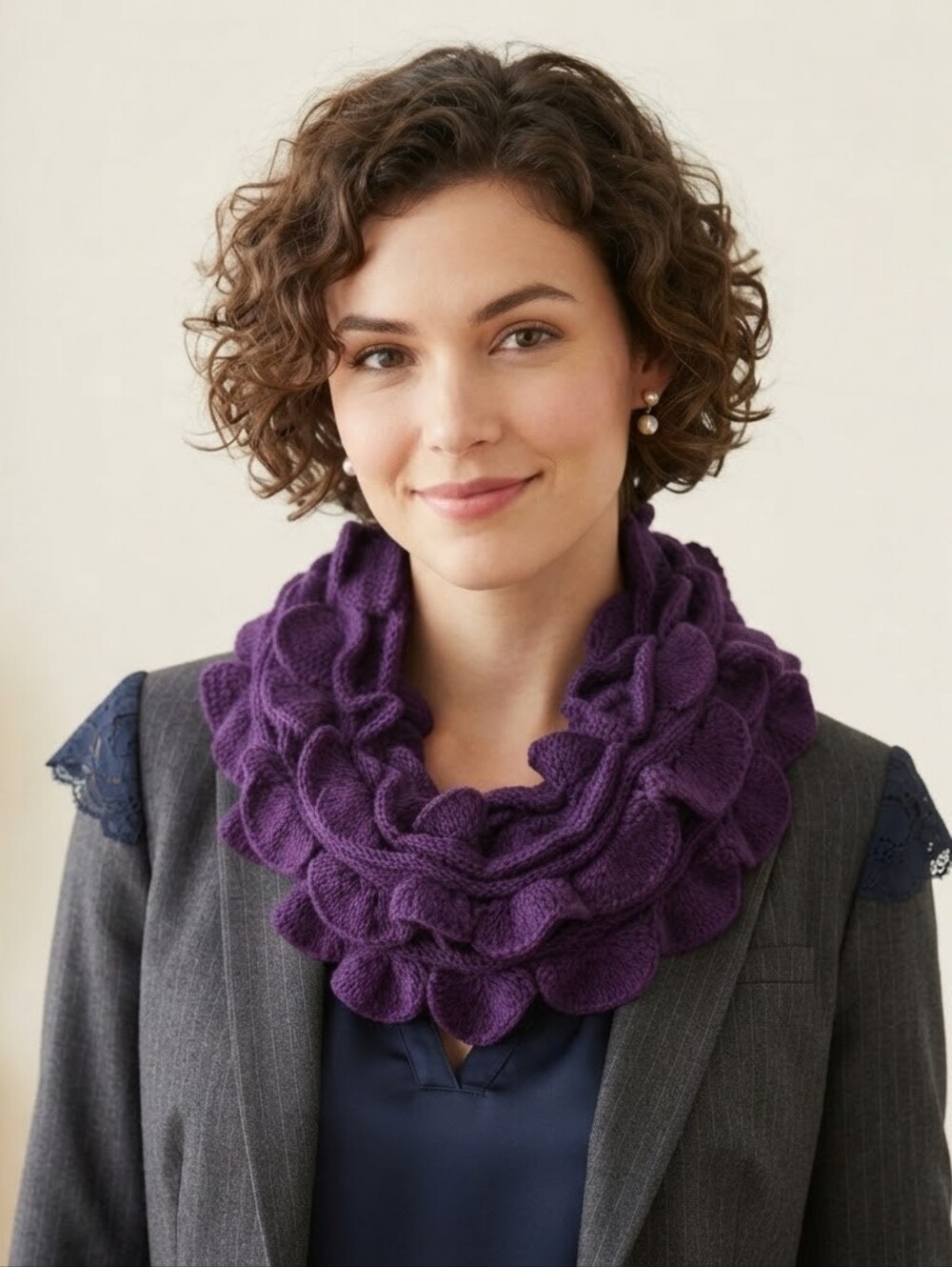 INFINITY SCARF,WIDE DEEP Purple Ruffle Knit - Women's Accessories 100% Acrylic